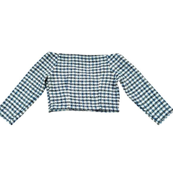 ZARA Off The Shoulder Textured Checkered Crop Top 3/4 Sleeve NWT Size Large - Picture 2 of 6